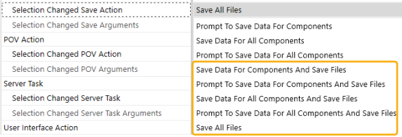 Selection Changed Save Action five Save Files Properties are boxed with yellow highlight